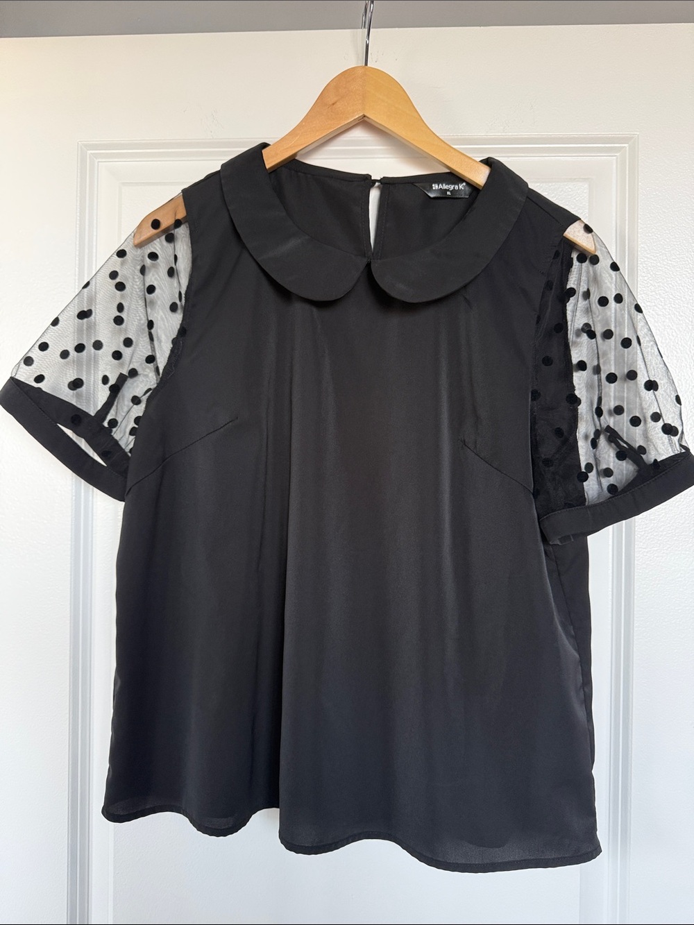 Black Peter Pan Collar Top with Polka Dot Mesh Sleeves